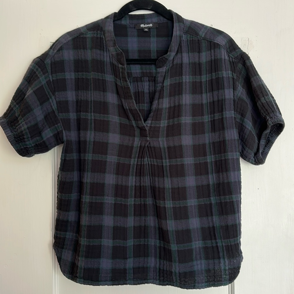 Madewell blue black madras blouse